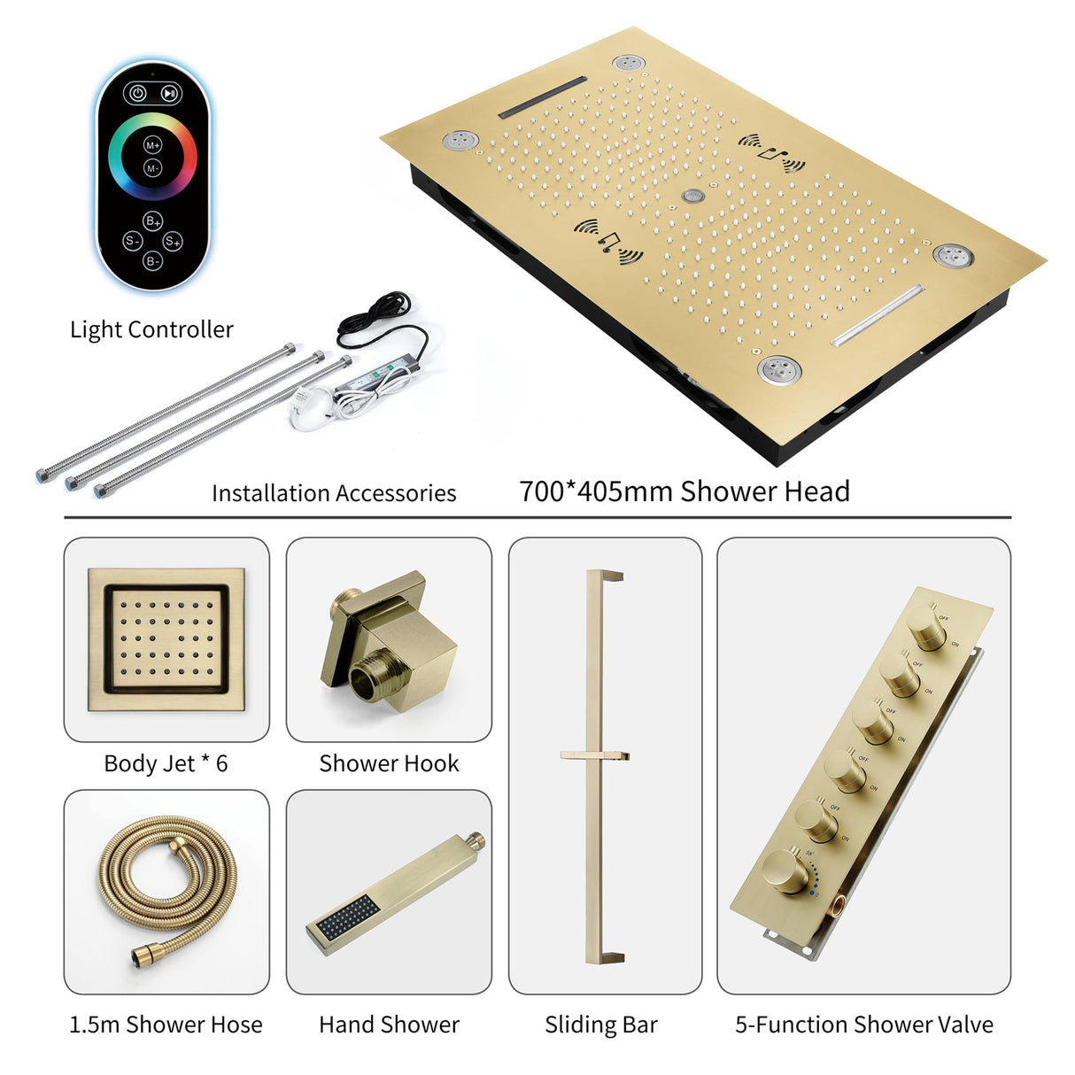 HAVASU| 28" CEILING MOUNTED BRUSHED GOLD LED MUSIC SHOWER SET RAINFALL/WATERFALL/WATER SPIN & COLUMN FUNCTIONS Smart Living and Technology