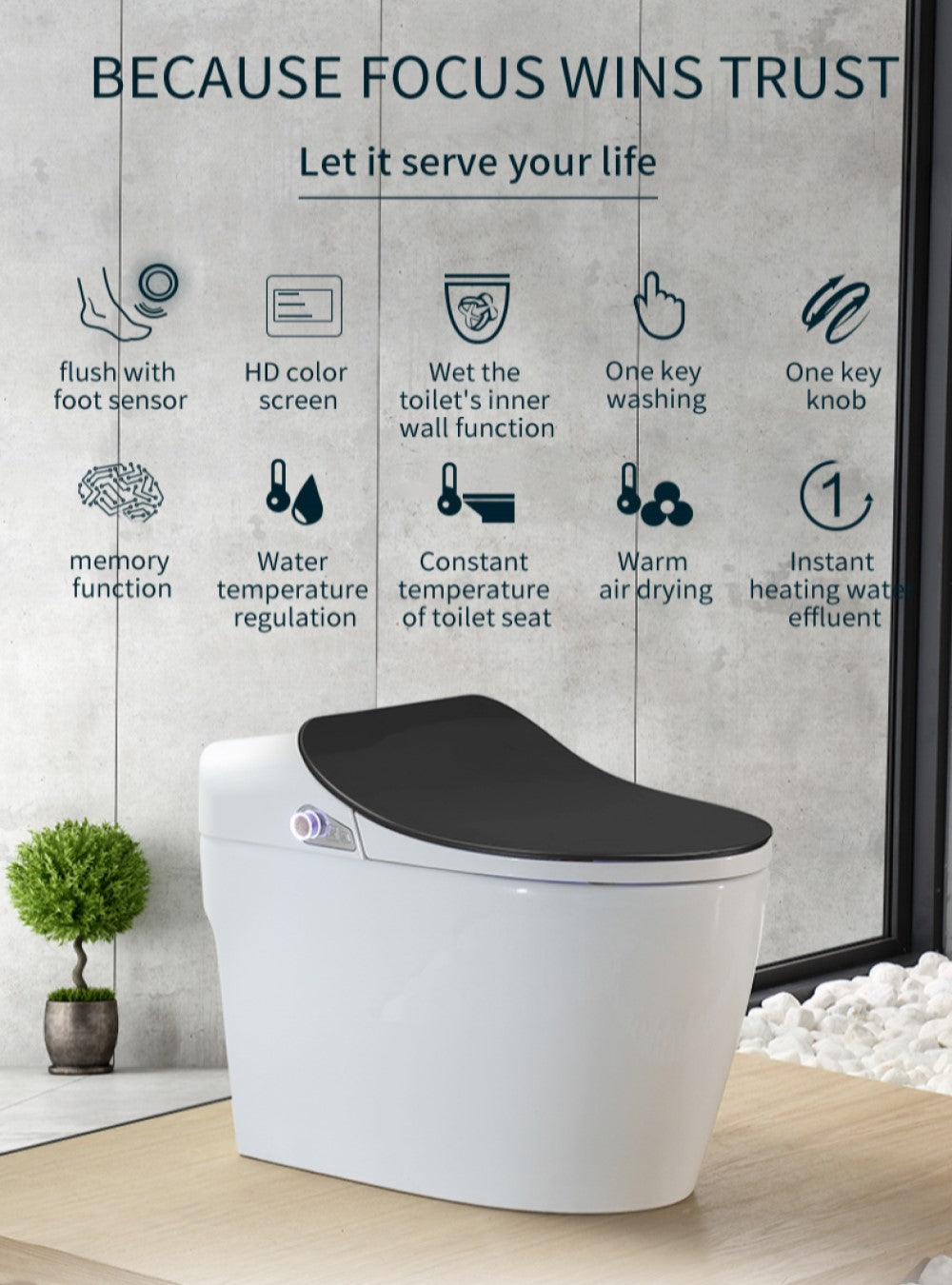 Luxury Smart Toilet One-Piece Floor Mounted HD Screen &Remote Control Simple Fashionable Design- Black Smart Living and Technology