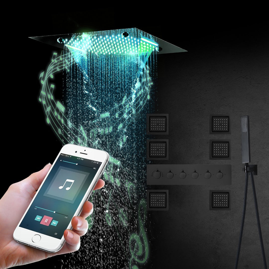 MONACO BLACK | 20"x 20" Complete Luxury LED Music shower set Rainfall , Waterfall, Mist Spray 6x Body Jets Smart Living and Technology