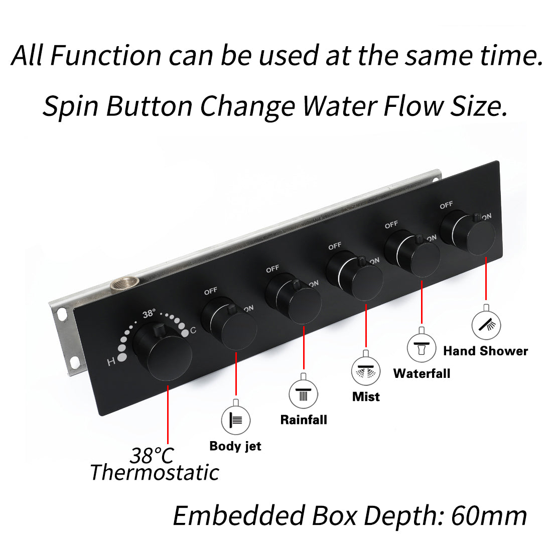 MONACO BLACK | 20"x 20" Complete Luxury LED Music shower set Rainfall , Waterfall, Mist Spray 6x Body Jets Smart Living and Technology