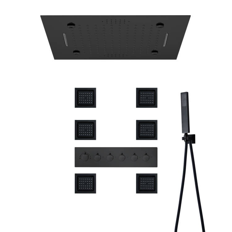 MONACO BLACK | 20"x 20" Complete Luxury LED Music shower set Rainfall , Waterfall, Mist Spray 6x Body Jets Smart Living and Technology