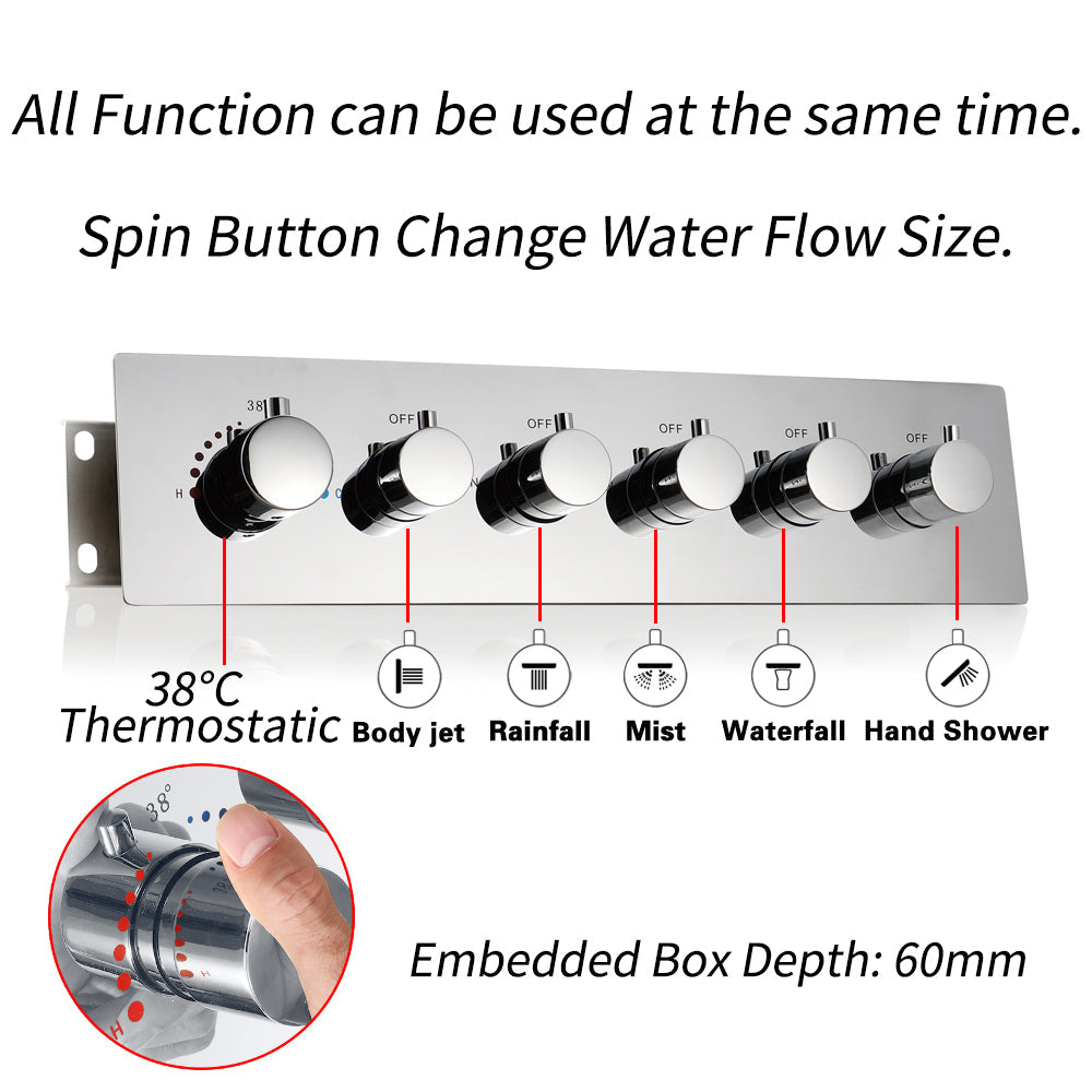 MONACO Chrome | 20" x 20" Complete Luxury LED Music shower set Rainfall , Waterfall, Mist Spray 6x Body Jets Smart Living and Technology