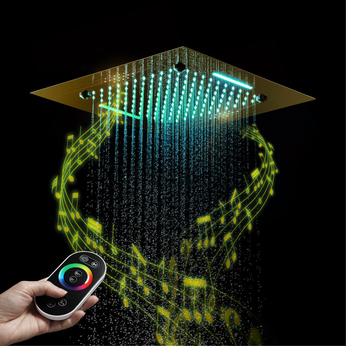 MONACO Gold | 20" x 20" Complete Luxury LED Music shower set Rainfall , Waterfall, Mist Spray 6x Body Jets Smart Living and Technology