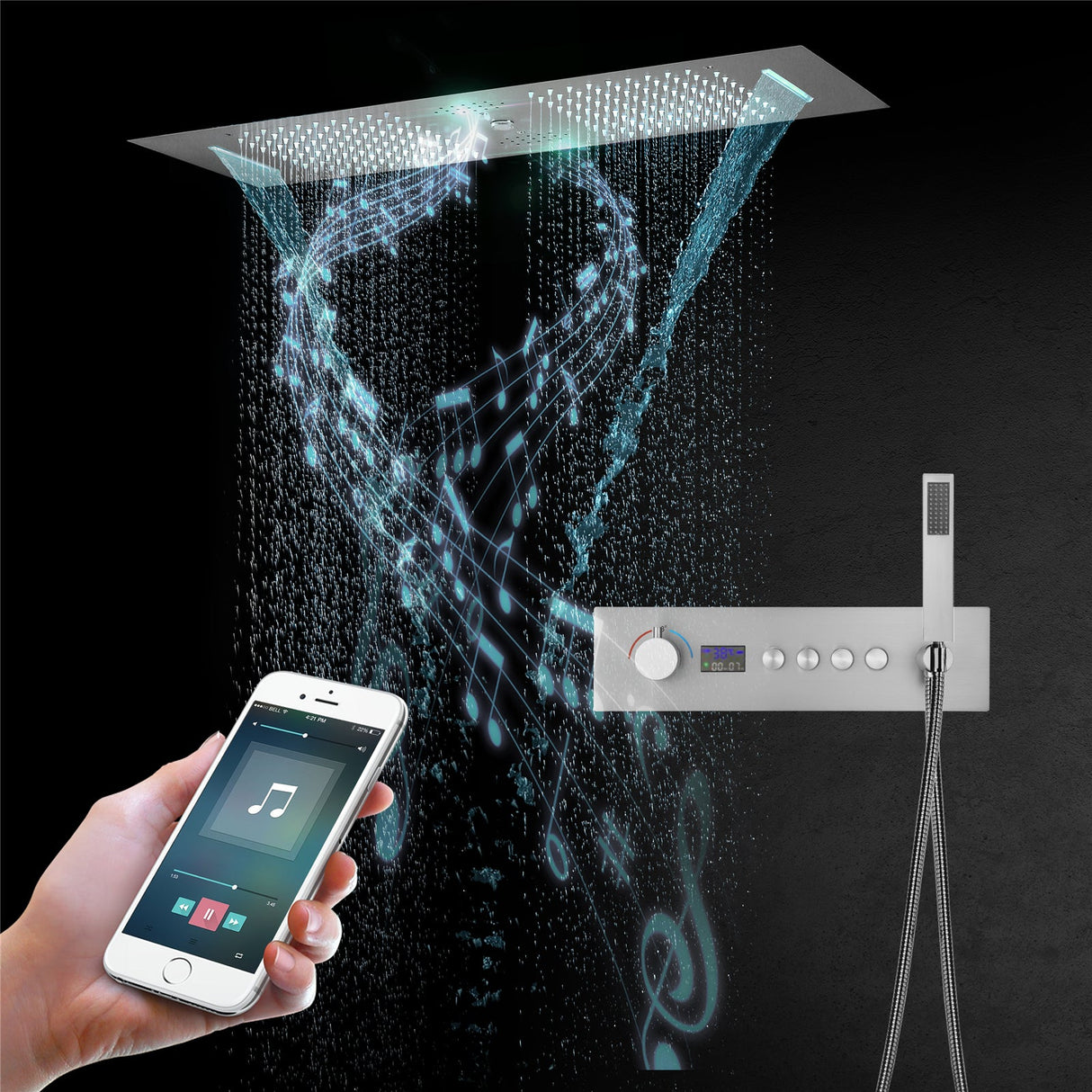 Niagara| 36" Complete Luxury Thermostatic LED Music  Shower Set Waterfall Rainfall Water  Column Functions Smart Living and Technology