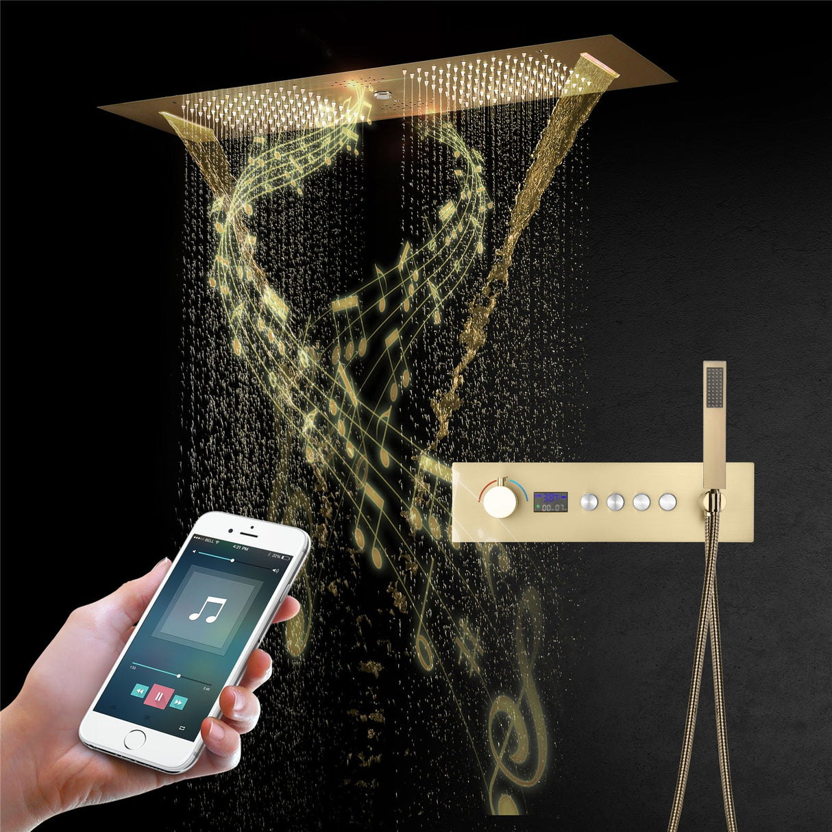 Niagara| 36" Complete Luxury Thermostatic LED Music  Shower Set Waterfall Rainfall Water  Column Functions Smart Living and Technology