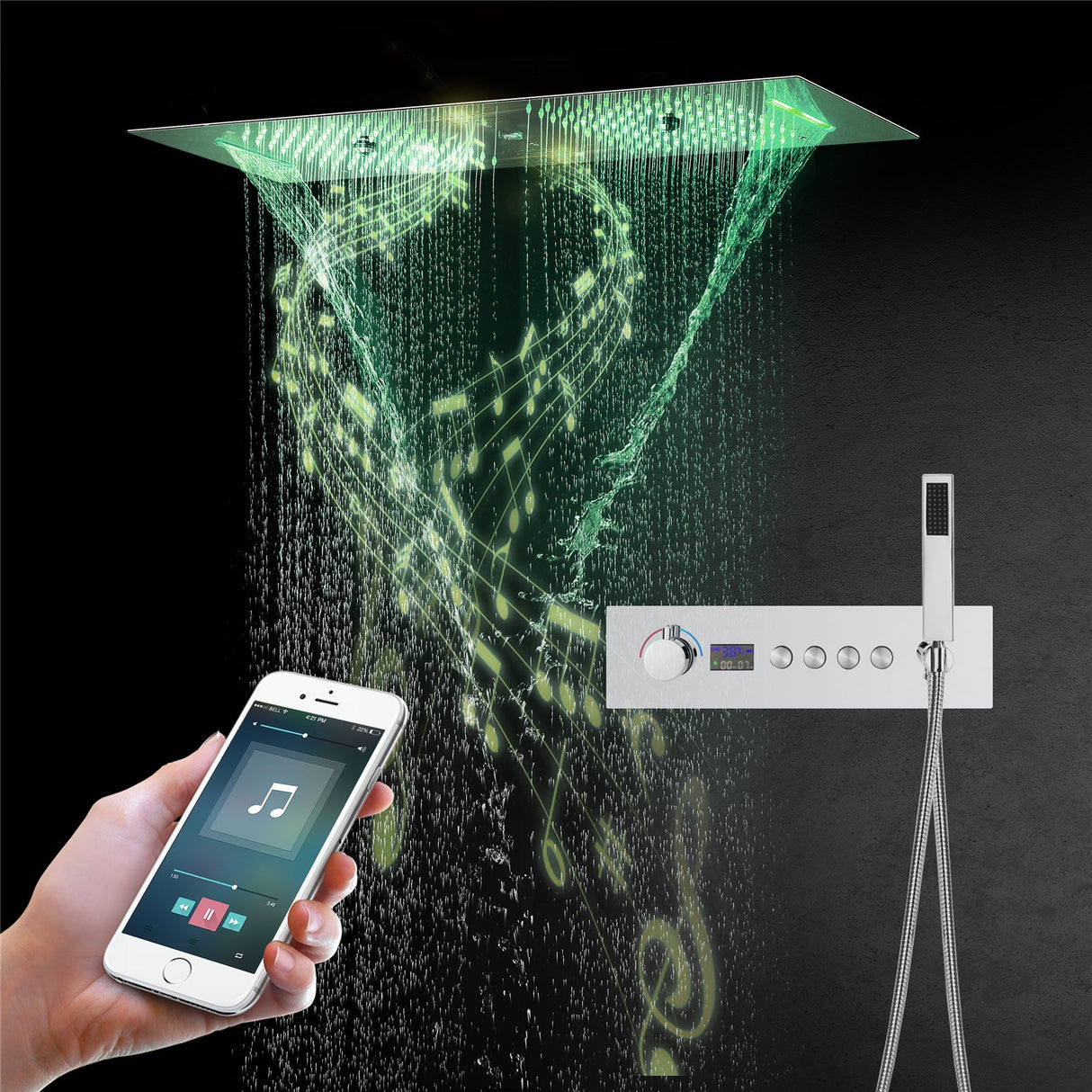 Niagara| 36" Complete Luxury Thermostatic LED Music  Shower Set Waterfall Rainfall Water  Column Functions Smart Living and Technology