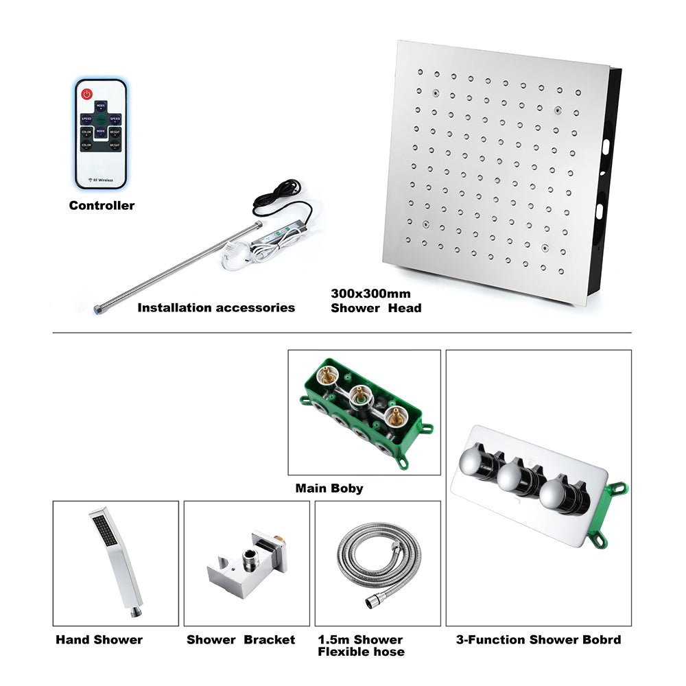 Queen Creek "12x"12 LED Pressure Balanced LED Rain Shower System - Available in Black & Chrome Smart Living and Technology