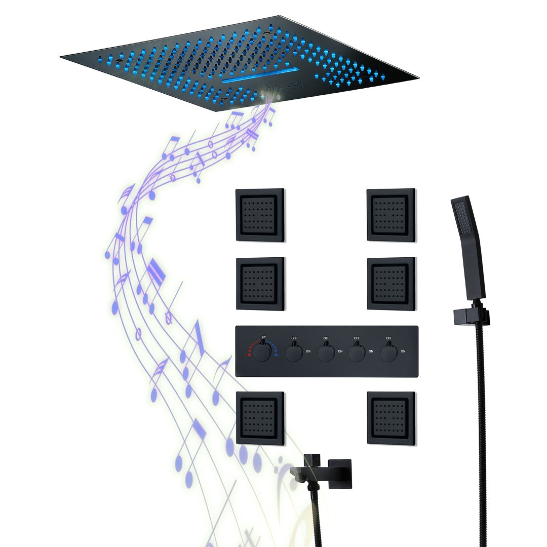 SANTORINI- 16" Complete Luxury LED Music Shower Set 6 Large Body Spray -Rain & Waterfall Ceiling Shower Head Smart Living and Technology
