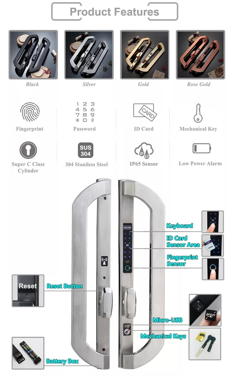 SUPREME| Commercial Property Smart Fingerprint Door Lock  Passcode Cards and Mobile APP Keyless Entry Aluminum Door , Vinyl Door , Patio Door Lock Smart Living and Technology