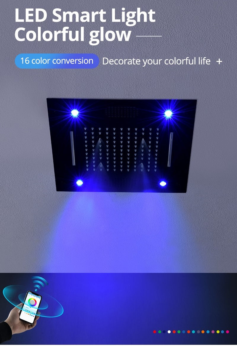 Sedona 15"x"15 Luxury Thermostatic LED Bluetooth Music Shower Set with Rain,Waterfall & Mist Spray Functions. Smart Living and Technology