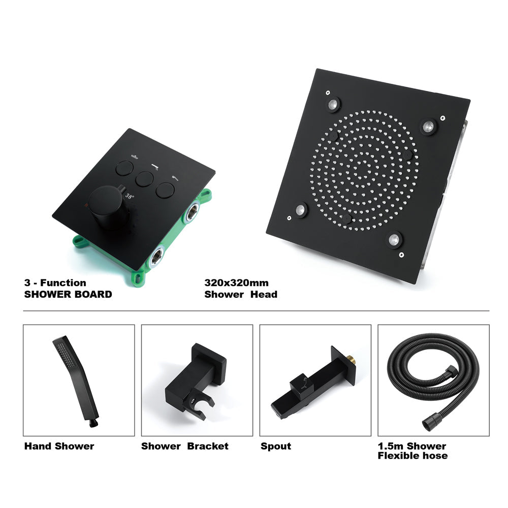 ZANZIBAR - 12" X 12" Luxury Complete Rain & Misty Spray LED Shower Set with Hand Shower & Spout. Matte Black Smart Living and Technology