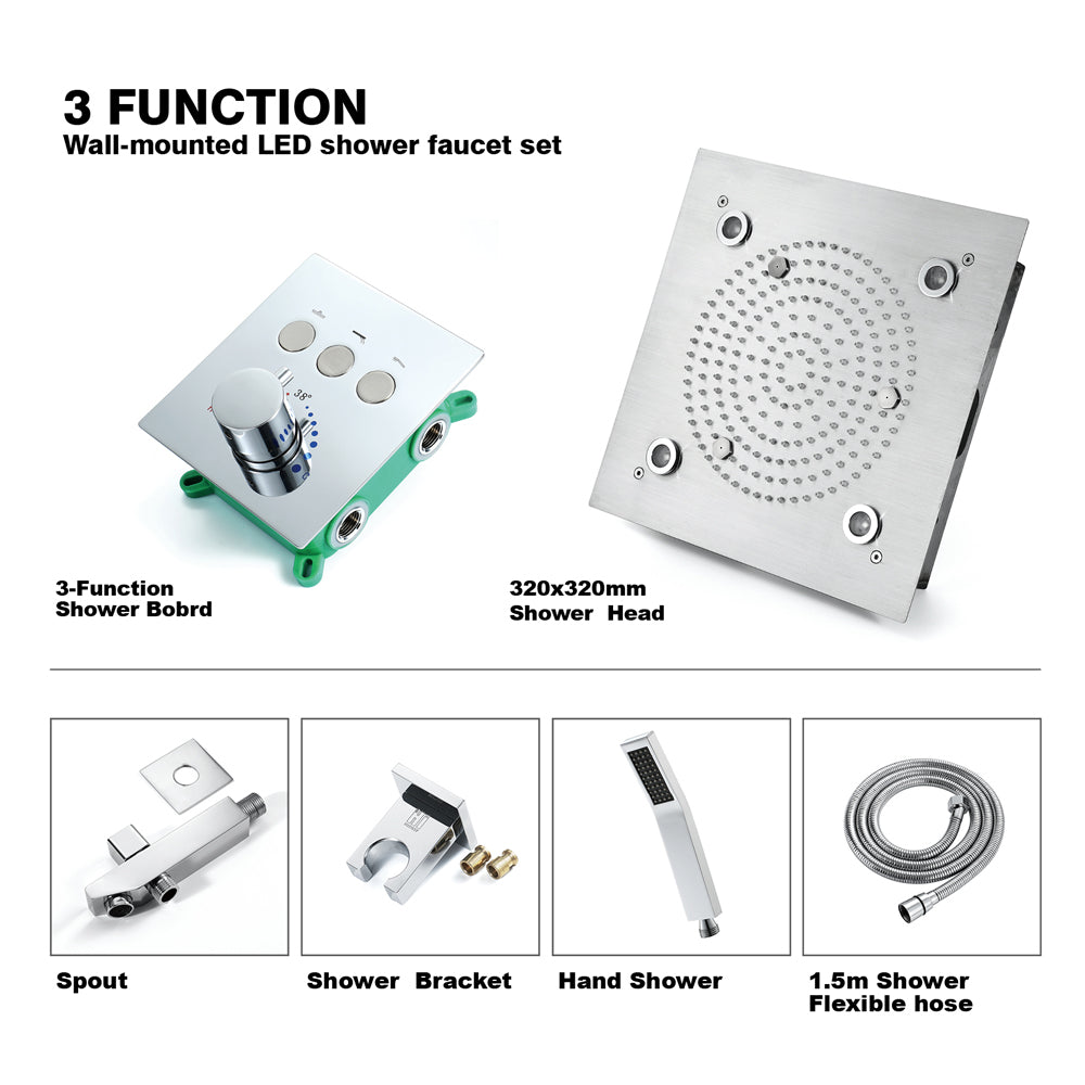 Zanzibar Chrome -12" X 12" Luxury Complete Rain & Misty Spray LED Shower Set with Hand Shower & Spout. Smart Living and Technology