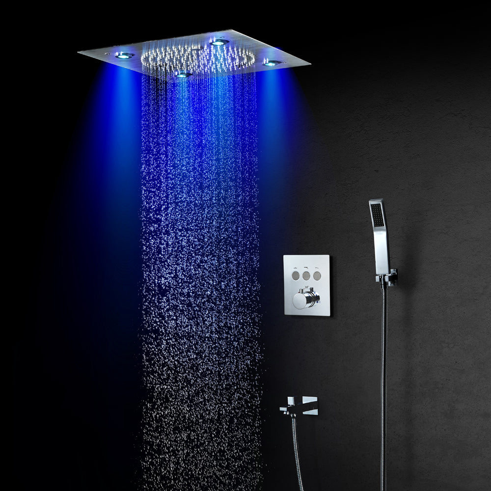 Zanzibar Chrome -12" X 12" Luxury Complete Rain & Misty Spray LED Shower Set with Hand Shower & Spout. Smart Living and Technology