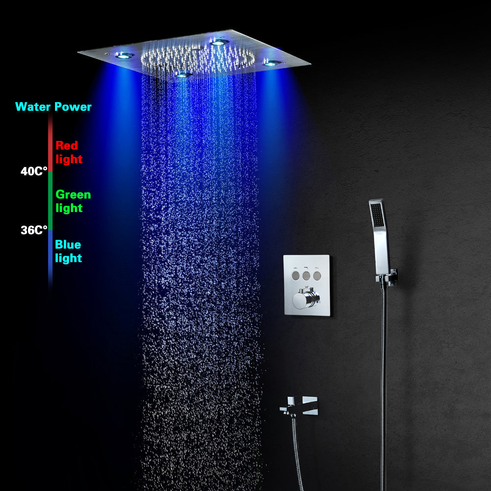 Zanzibar Chrome -12" X 12" Luxury Complete Rain & Misty Spray LED Shower Set with Hand Shower & Spout. Smart Living and Technology