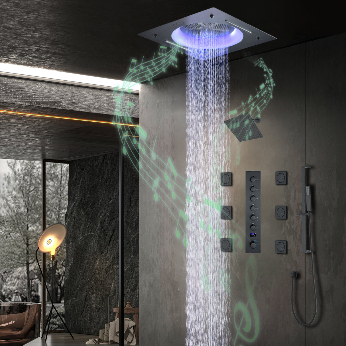 ORCHID|22"COMPLETE SHOWER SYSTEM CEILING MOUNT SHOWERHEAD WITH 6 BODY JETS AND WALL MOUNTED SHOWERHEAD