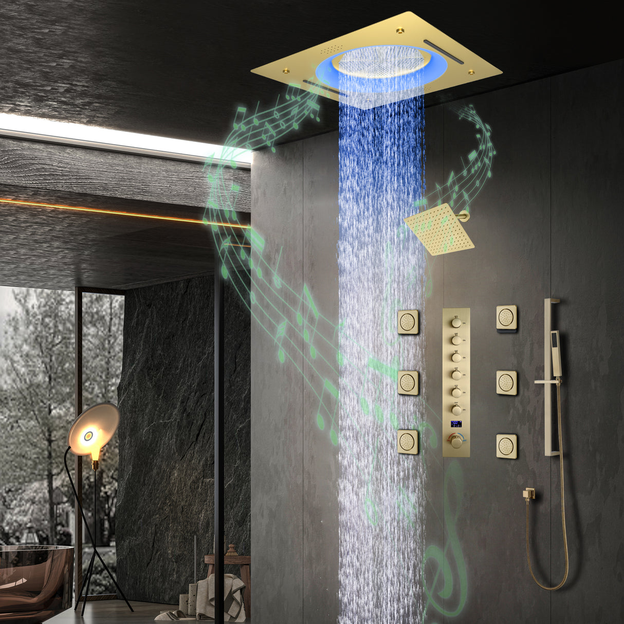 ORCHID|22"COMPLETE SHOWER SYSTEM CEILING MOUNT SHOWERHEAD WITH 6 BODY JETS AND WALL MOUNTED SHOWERHEAD