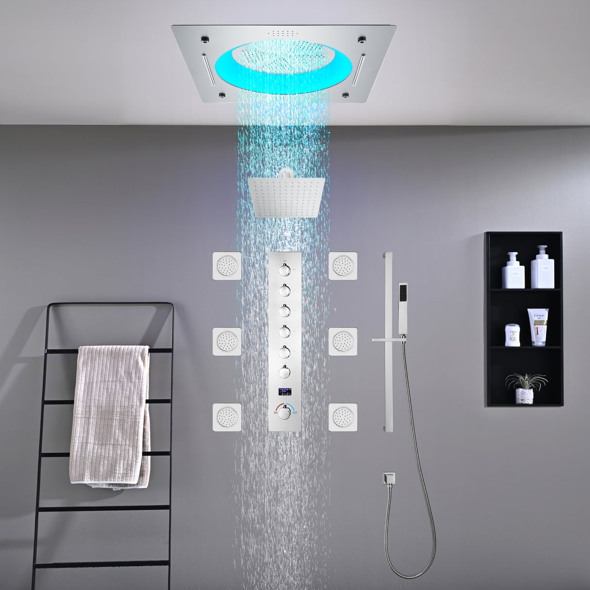 ORCHID|22"COMPLETE SHOWER SYSTEM CEILING MOUNT SHOWERHEAD WITH 6 BODY JETS AND WALL MOUNTED SHOWERHEAD