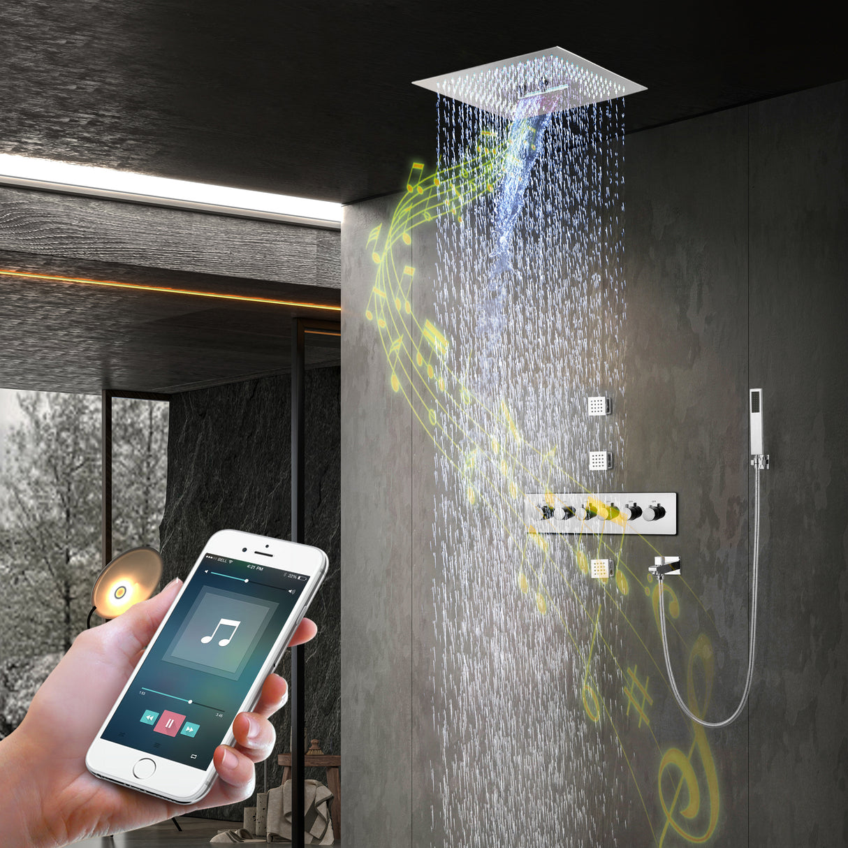 GENOA|16" COMPLETE LED MUSIC SHOWER SYSTEM WITH BODY JETS RAINFALL WATERFALL MIST SPRAY