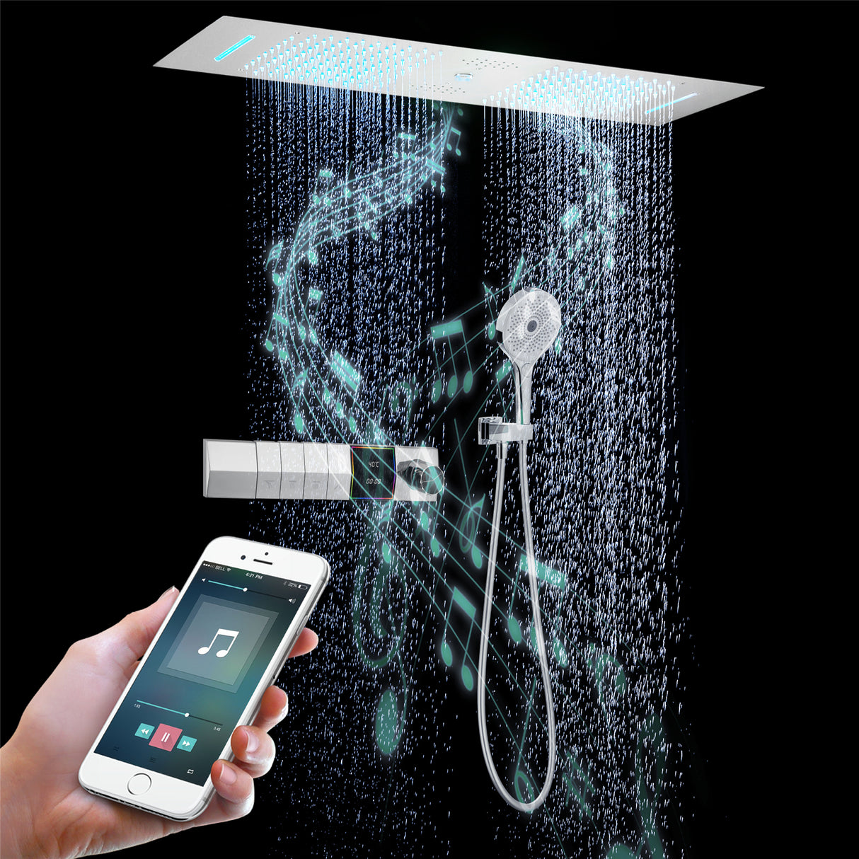 MALIBU|36inch COMPLETE LED MUSIC SHOWER SYSTEM DIGITAL DISPLAY VALVE PUSH BUTTON THERMOSTATIC SHOWER SET