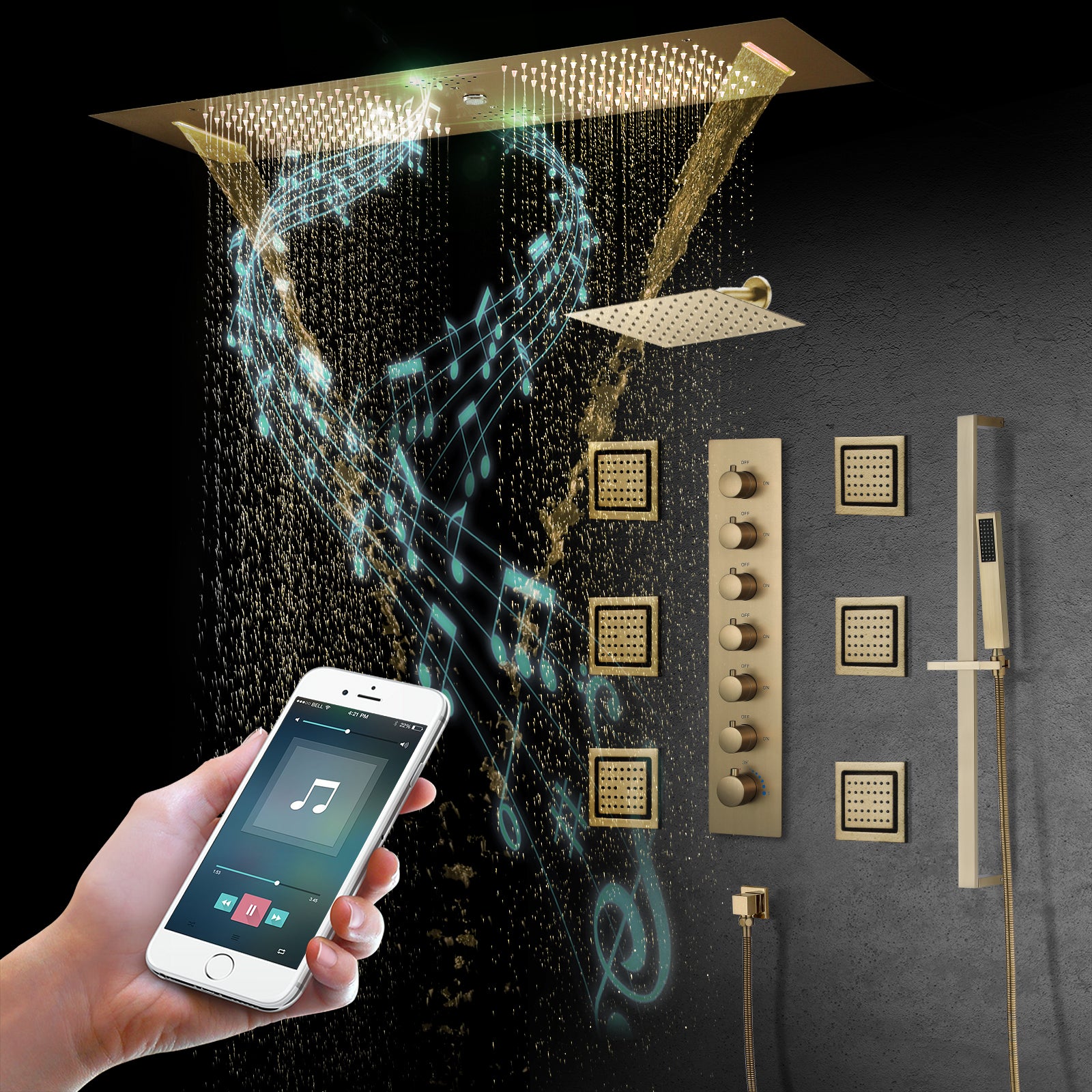 SYDNEY36"INCH COMPLETE LED MUSIC SHOWER SYSTEM RAINFALL WATERFALL & WALL MOUNTED SHOWERHEAD