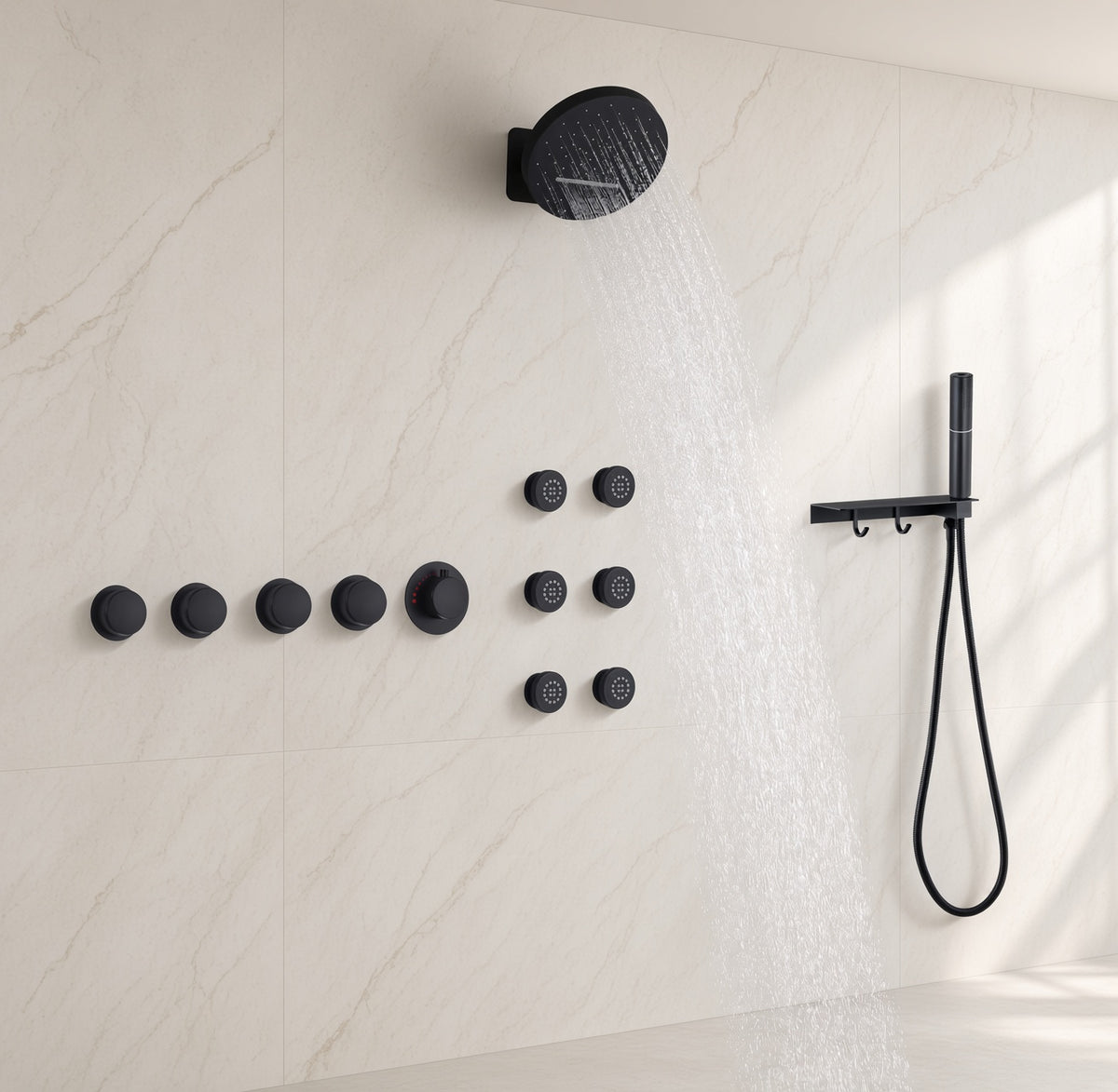 SOLARA| RAINFALL WATERFALL COMPLETE THERMOSTATIC SHOWER SYSTEM WITH 6 BODY JETS