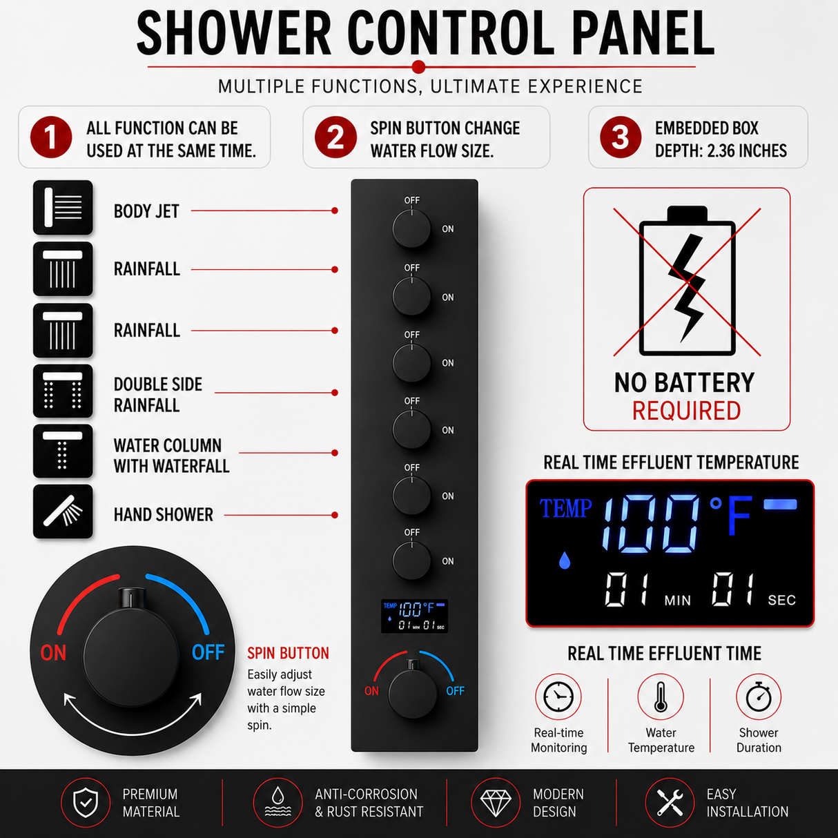 Sydney|36"Inch Complete Led Music Shower System Rainfall Waterfall & Wall Mounted Showerhead