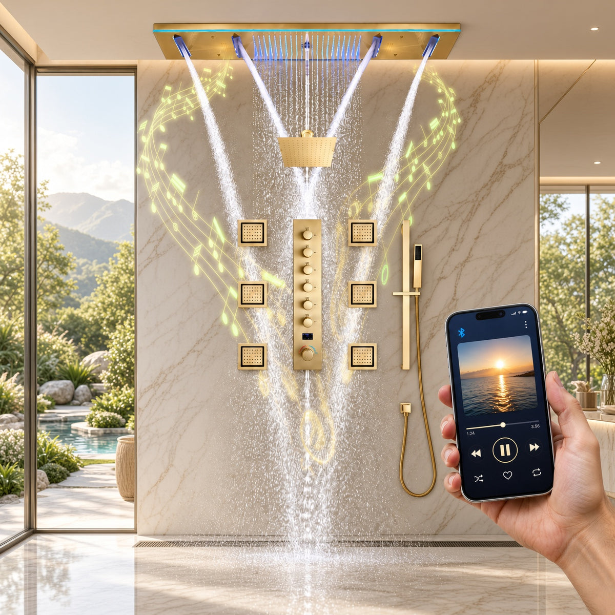 AROMA|47"COMPLETE LUXURY RAINFALL WARERFALL SHOWER SYSTEM LED MUSIC SHOWER SYSTEM