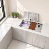 NIX38 silver sink with purification basin and cutting board in a bright kitchen