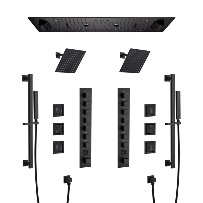 ALAMERE|36"x 16" IN DUAL SHOWERHEAD 7 FUNCTIONS COMPLETE LED MUSIC SHOWER SYSTEM 6 BODY JETS 2x WALL MOUNTED RAINFALL SHOWERHEAD