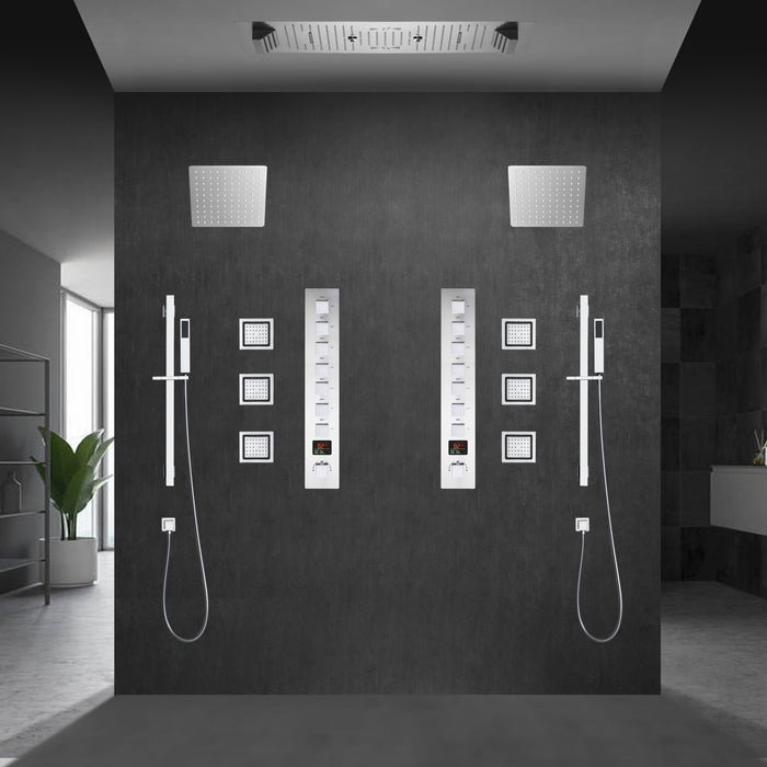 ALAMERE|36"x 16" IN DUAL SHOWERHEAD 7 FUNCTIONS COMPLETE LED MUSIC SHOWER SYSTEM 6 BODY JETS 2x WALL MOUNTED RAINFALL SHOWERHEAD