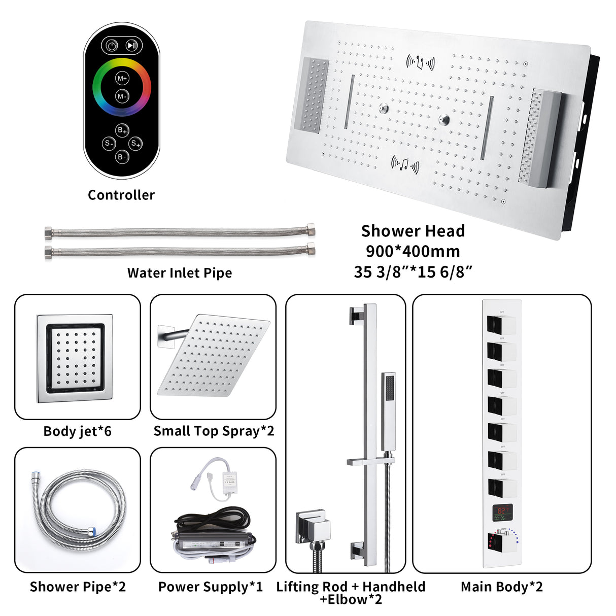 Alamere|36"X 16" In Dual Showerhead 7 Functions Complete Led Music Shower System 6 Body Jets 2x Wall Mounted Rainfall Showerhead