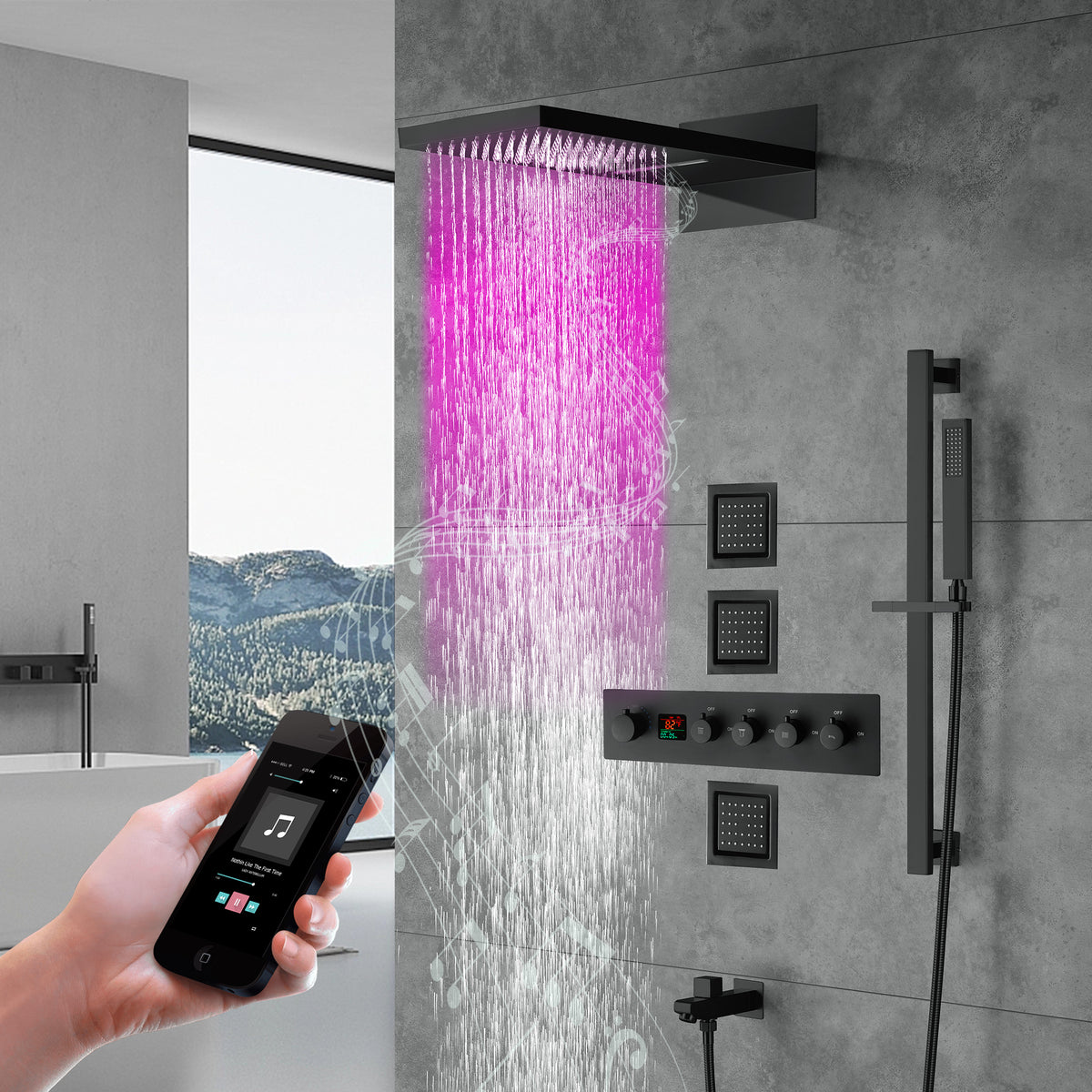 Arial| Rainfall Waterfall Wall Mounted Thermostatic LED Music Shower S ...