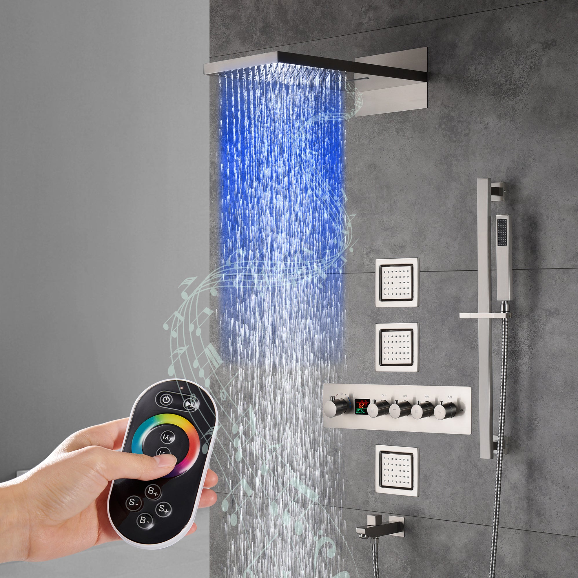 ARIAL| RAINFALL WATERFALL WALL MOUNTED THEROMSTATIC LED MUSIC SHOWER SYSTEM