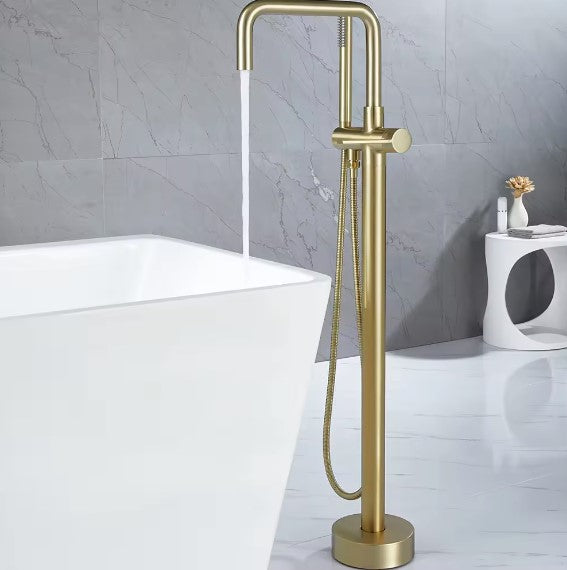 BYREL|FREESTANDING BATHTUB FAUCET BRUSHED GOLD SINGLE HANDLE BRAASS BATH TUB FILLER WITH HAND SHOWER