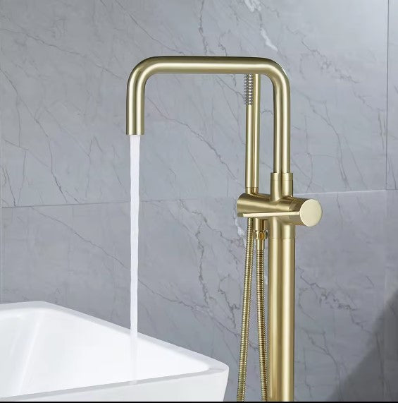 BYREL|FREESTANDING BATHTUB FAUCET BRUSHED GOLD SINGLE HANDLE BRAASS BATH TUB FILLER WITH HAND SHOWER