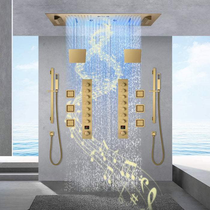 COLORADO|36"X 16" IN DUAL SHOWERHEAD 7 FUNCTIONS COMPLETE LED MUSIC SHOWER SYSTEM 6 BODY JETS 2x WALL MOUNTED RAINFALL SHOWERHEAD