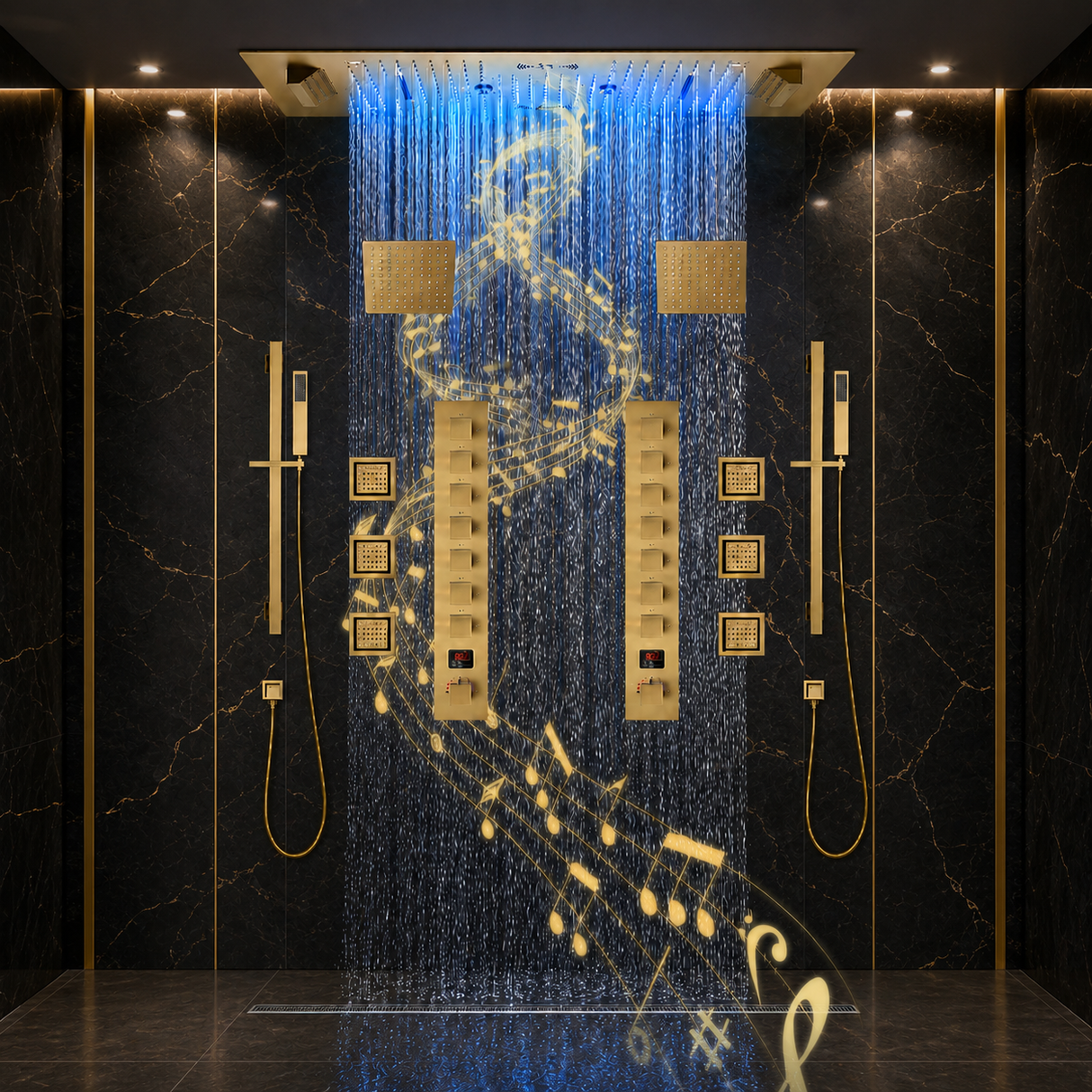 Alamere|36"X 16" In Dual Showerhead 7 Functions Complete Led Music Shower System 6 Body Jets 2x Wall Mounted Rainfall Showerhead