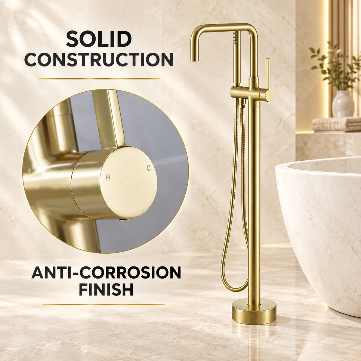 BYREL luxury floor-mounted tub filler displayed in a contemporary bathroom