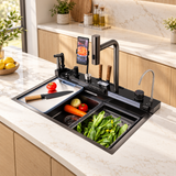 Aqua workstation sink installed in a modern kitchen with cutting board and produce trays