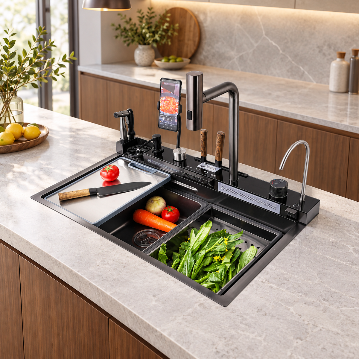 Aqua sink faucet rinsing a tomato over the black basin