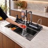 Aqua workstation sink waterfall spray rinsing leafy greens