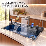 Aqua workstation sink with cutting board, drain tray, inner basin tray and installation accessories