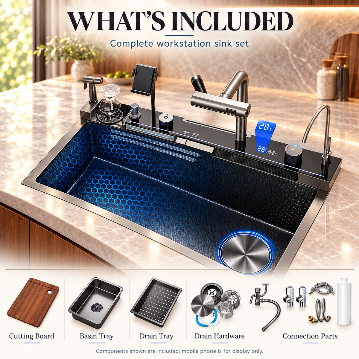 Aqua workstation sink with cutting board, draining basket and inner basin