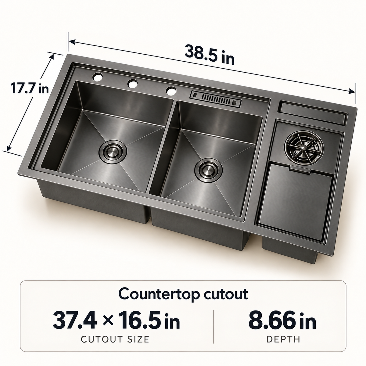 NIX38 gun grey sink dimensions showing 38.5-inch width, 17.7-inch depth and countertop cutout