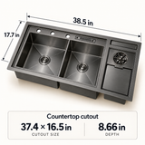 NIX38 gun grey sink dimensions showing 38.5-inch width, 17.7-inch depth and countertop cutout
