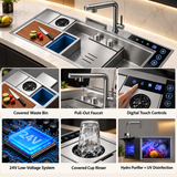 NIX38 sink feature collage showing pull-out faucet, digital controls, cup rinser and hydro purification