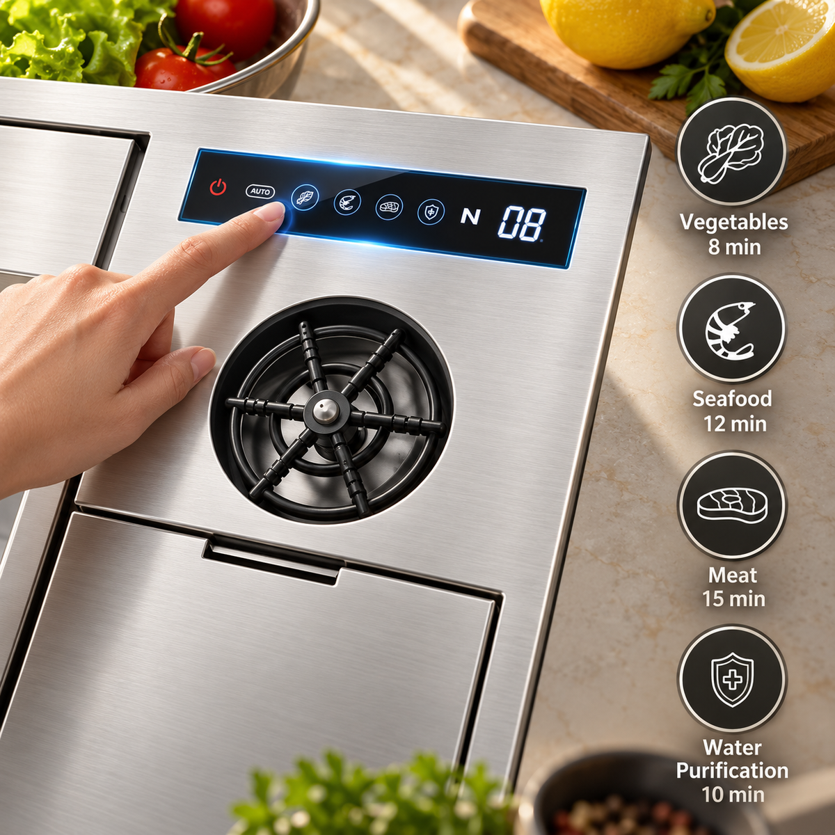 Close-up of NIX38 sink digital controls and cup rinser with produce and seafood cleaning modes