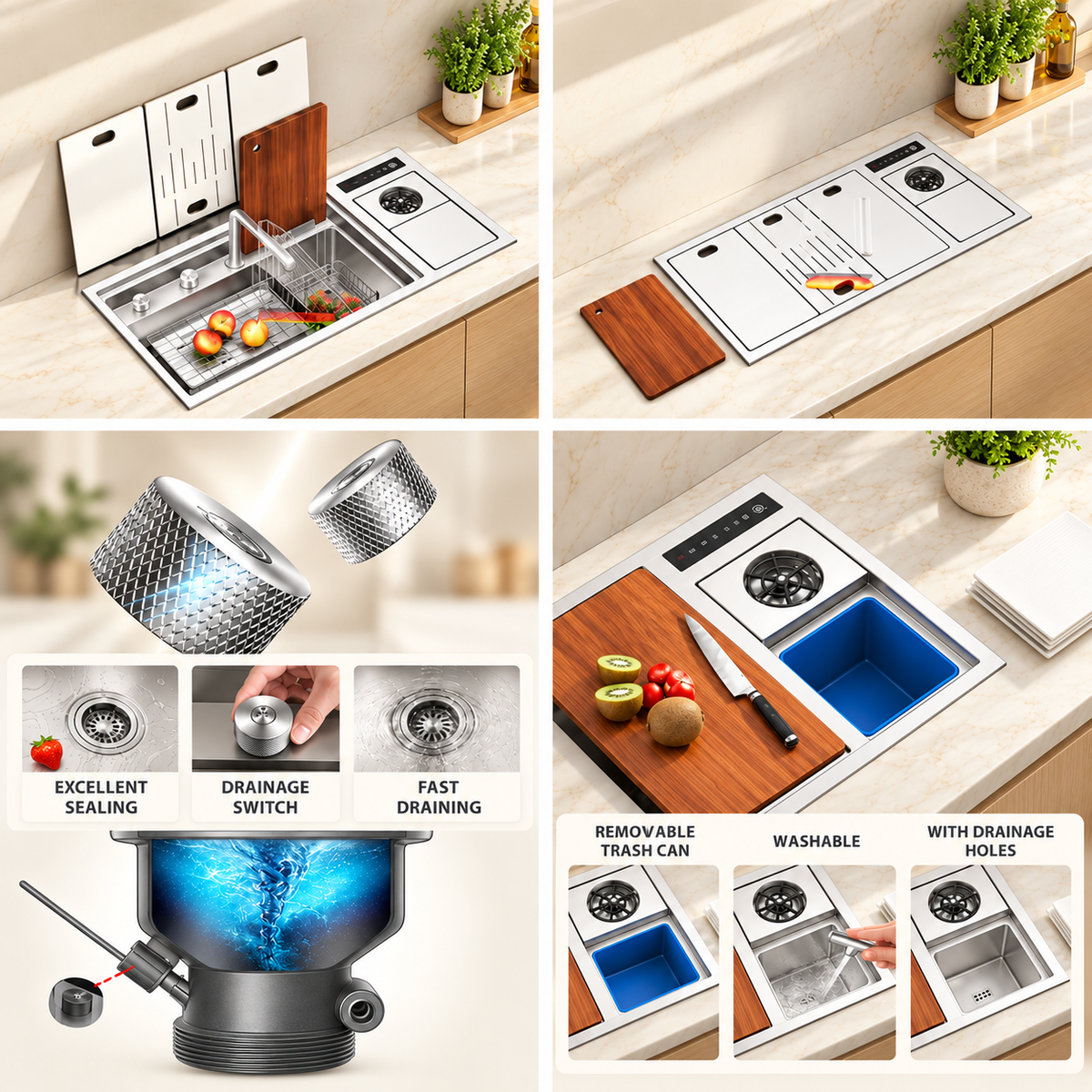 NIX38 silver workstation sink feature collage showing preparation surfaces and purification basin