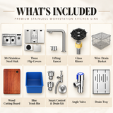 NIX38 workstation sink what's included: faucet, cup rinser, cutting board, basin accessories and drain tray