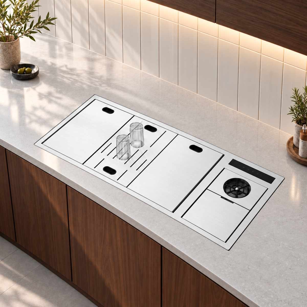 NIX38 silver workstation sink with flush covers closed on a modern kitchen counter
